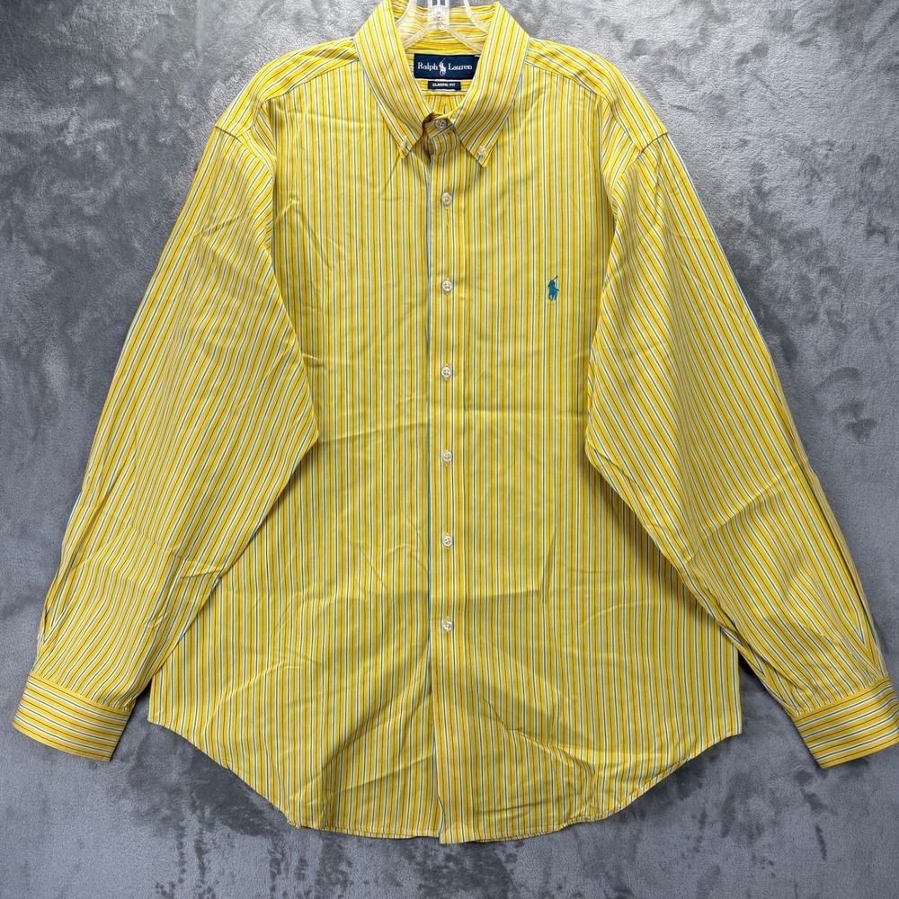 Ralph Lauren Mens Classic Fit Striped Button Down Shirt Yellow Blue 17 34/35